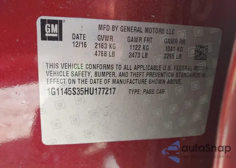 2017 Chevrolet Impala 2Lz from USA, damaged, VIN 1G1145S35HU177217